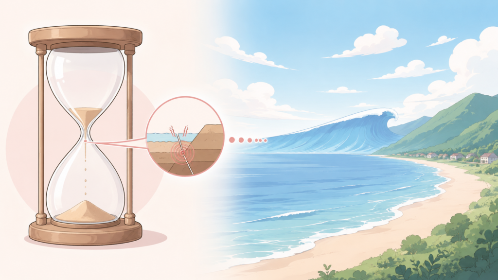 砂時計と海岸で津波到達までの短い時間を表す図解イラスト
