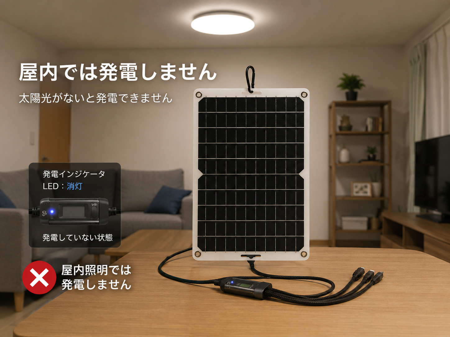 屋内LED灯下のソーラーパネル