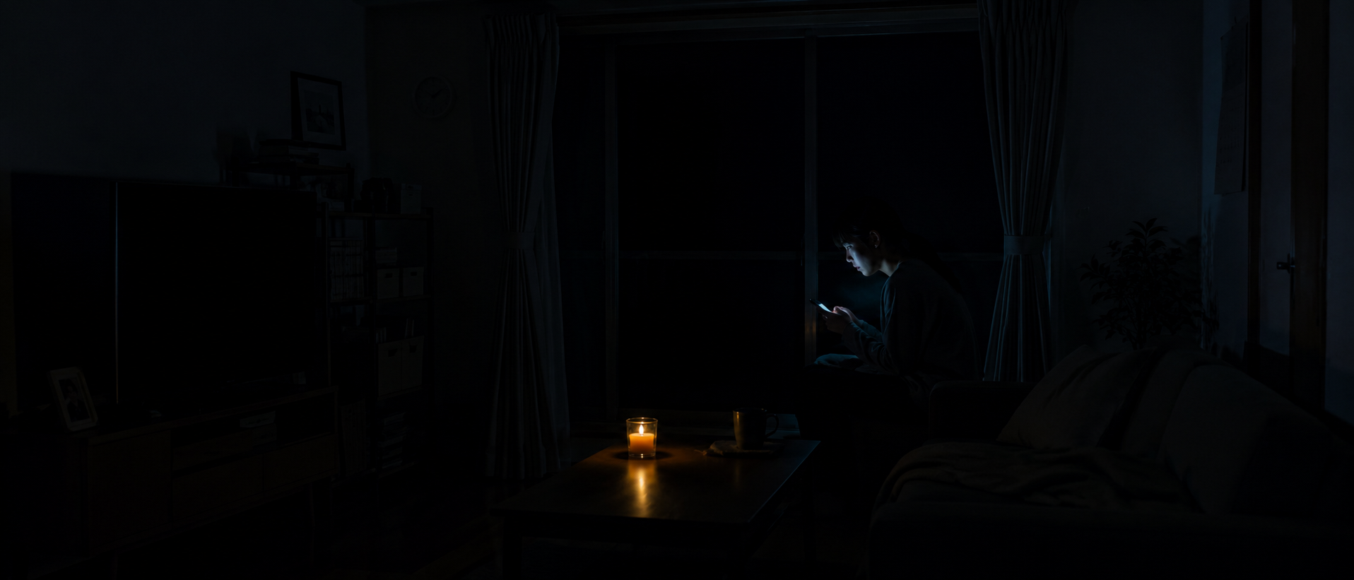 停電中の室内でスマホの画面だけが光る