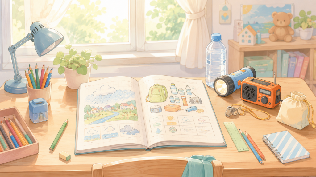 防災の自由研究を始める学習机のイラスト