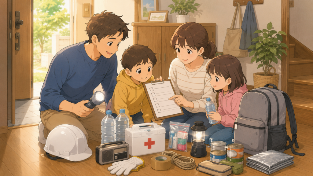 家族で防災グッズを確認して備えを整えるイラスト