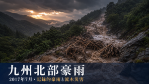 九州の山あいの渓流を流木と濁流が下る、2017年九州北部豪雨を象徴したイメージ
