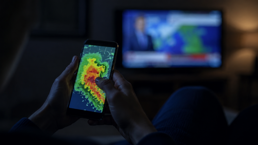 夜間にスマートフォンで洪水危険度情報を確認する手元のイメージ