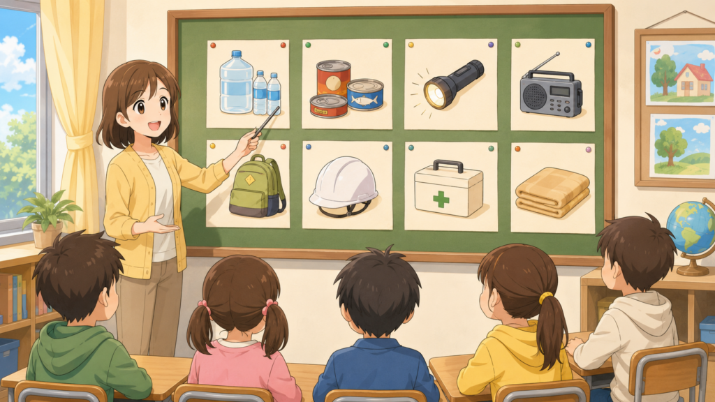 学校・自治会で防災グッズイラストを活用するシーンのイメージ