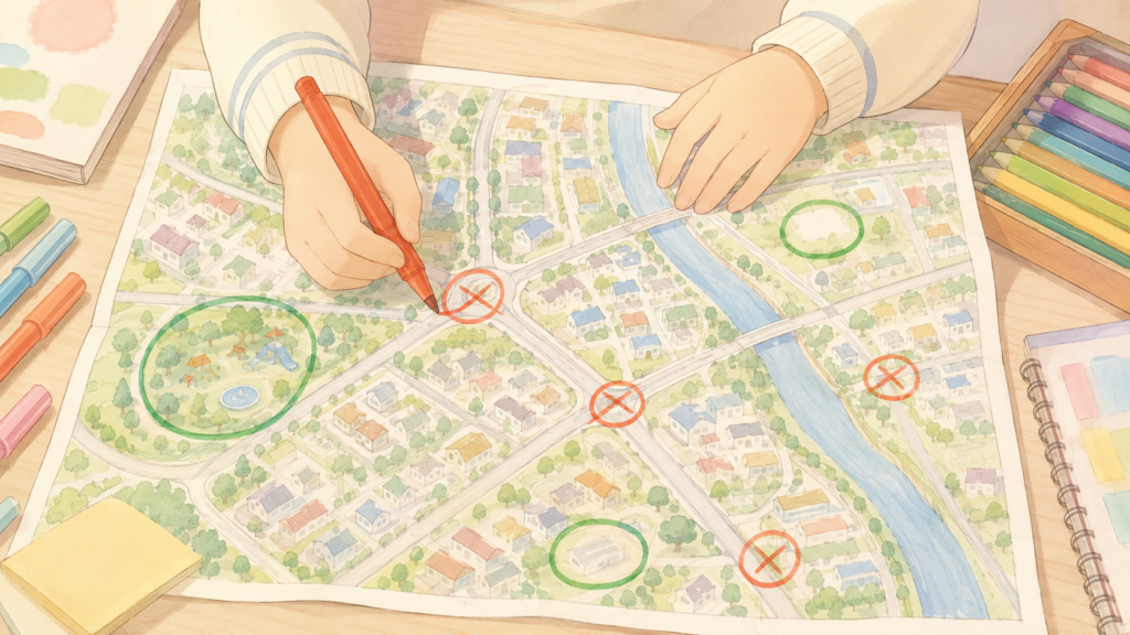 自分で作る防災マップの調べ学習のイラスト
