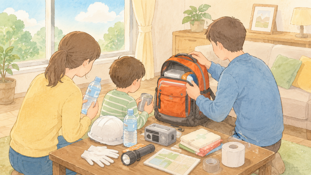 地震の教訓を今日の備えに変える家庭のイラスト