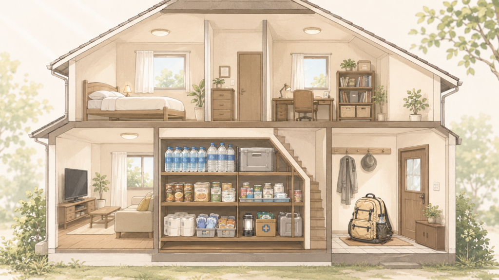 在宅備蓄と持ち出し袋の全体像を表した家のイラスト