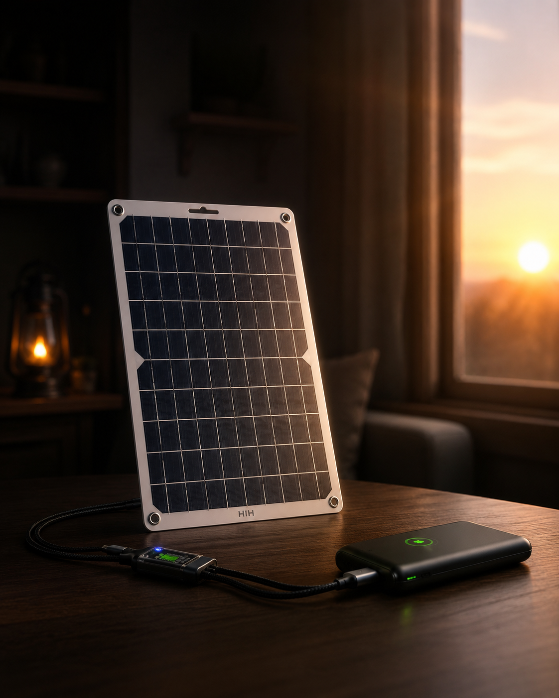 停電の朝、窓辺で発電するHIH防災用ソーラーパネルとモバイルバッテリー