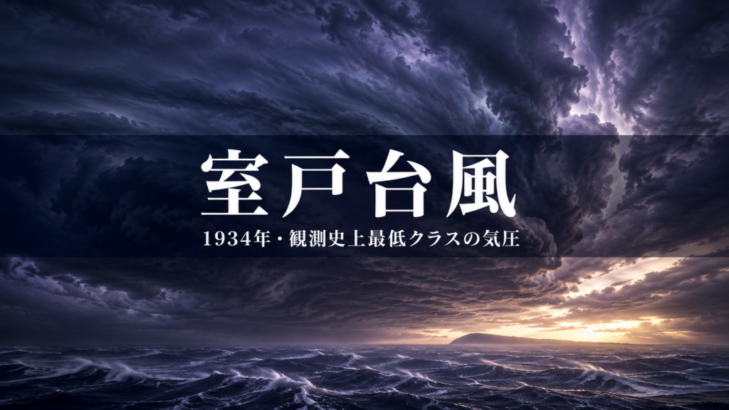 1934年の室戸台風を象徴する、渦巻く巨大な雲と明け方の海を描いた歴史記事のアイキャッチ