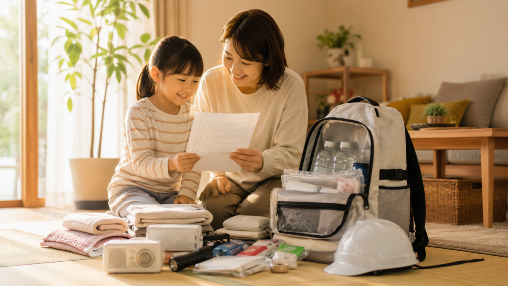 朝のリビングで防災リュックの中身を確認する母子のイメージ