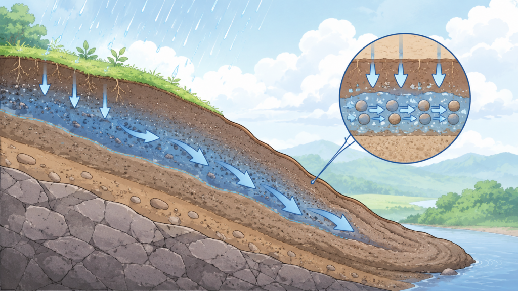 水を含んだ土が斜面を流れ下る仕組みの断面図イラスト