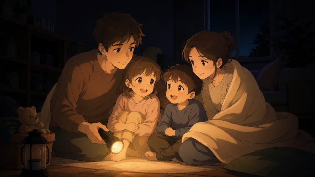 停電時に懐中電灯で家族を照らすイラストのイメージ