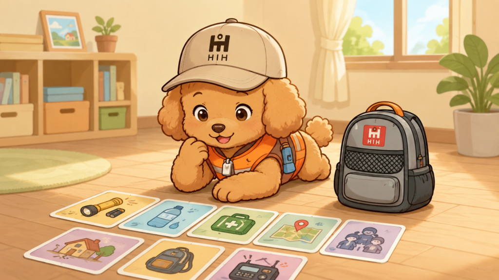 そなぷーが防災ゲームの学びを備えにつなげるイラスト