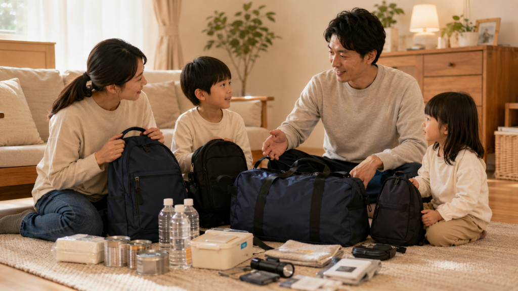 家族で防災グッズを広げて役割分担を話し合うイメージ