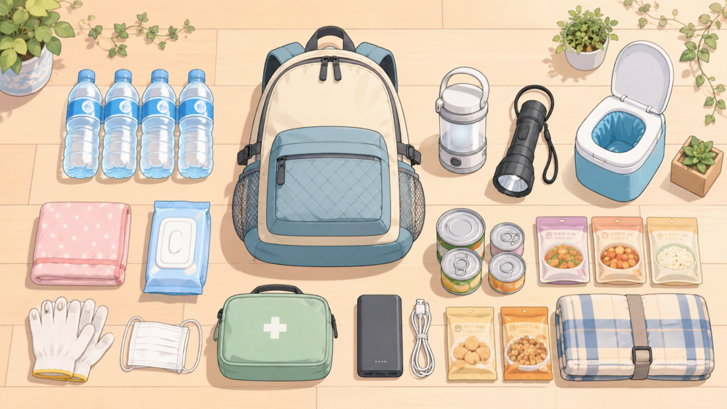 防災リュックと備蓄品を並べた俯瞰イラスト