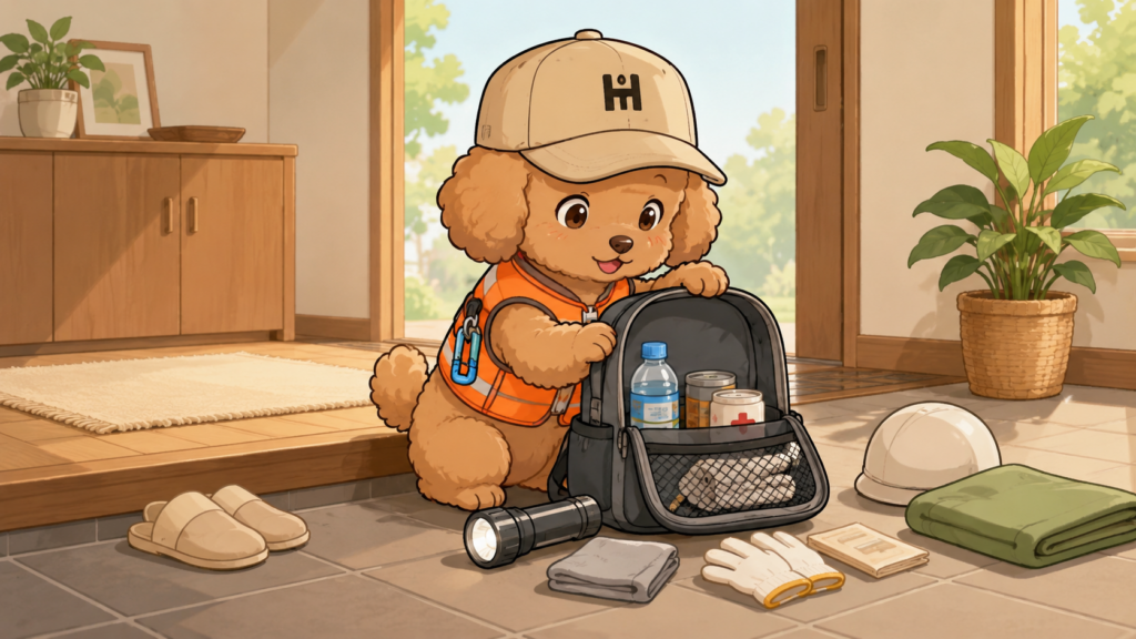 そなぷーが防災リュックの中身を確認するイラスト