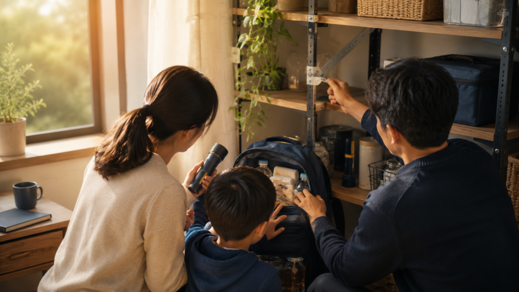 家具の固定や備蓄を家族で確認する備えのイメージ