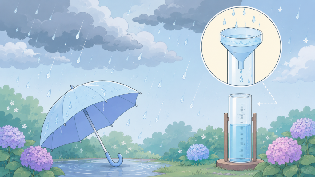 雨雲と雨量計を組み合わせた大雨を表す図解イラスト