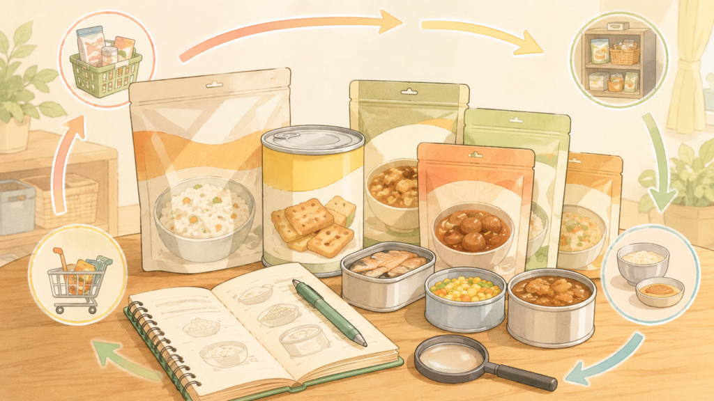 非常食を食べ比べる自由研究のイラスト