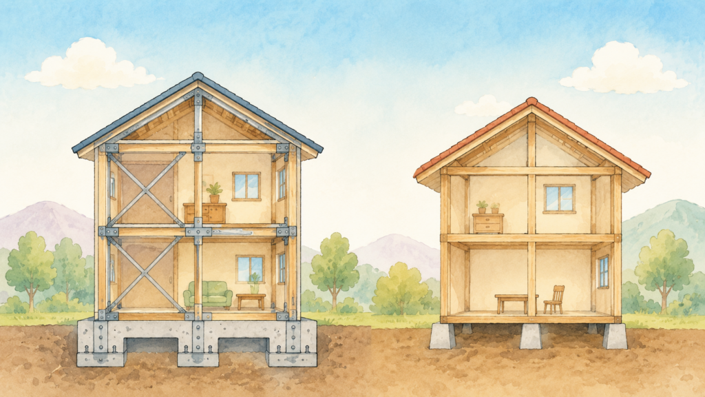 耐震性の違いを比較した建物のイラスト