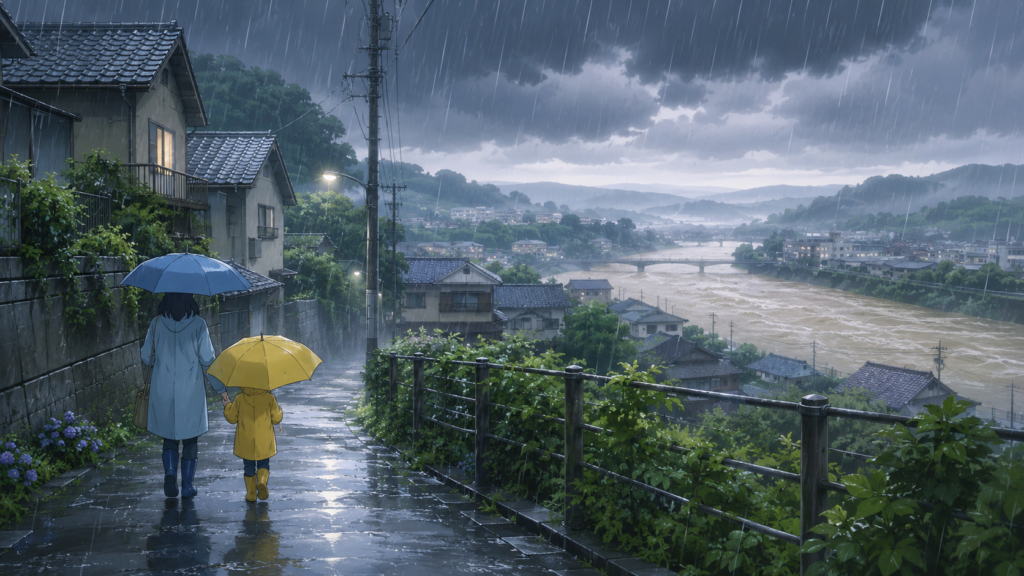 エルニーニョ現象による梅雨の長期化と大雨リスクを表す雨の日の風景イラスト