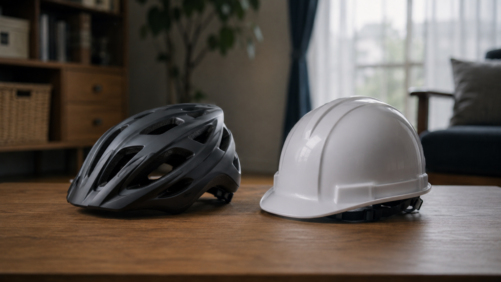 自転車用ヘルメットと防災ヘルメットの形状の違いを比較したイメージ
