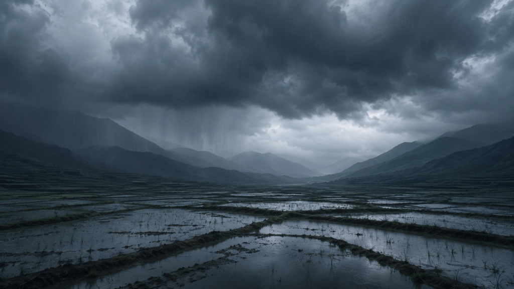 分厚い雨雲の下、水を含んだ田んぼの水面に曇天が映り込む山間の情景イメージ