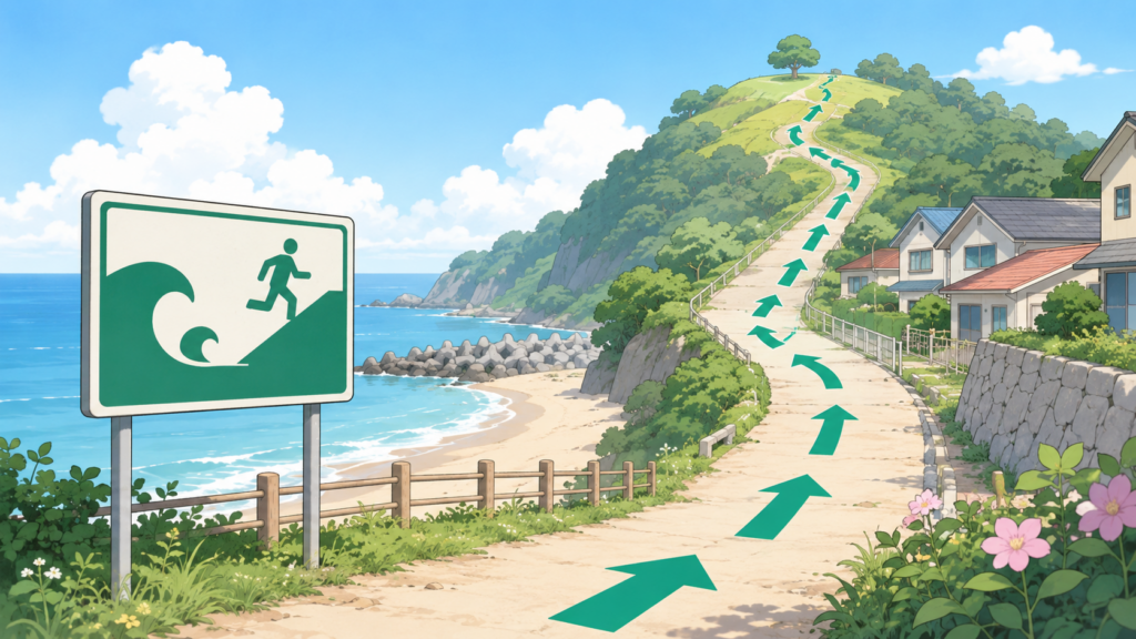 海岸から高台へ避難する経路を示した図解イラスト