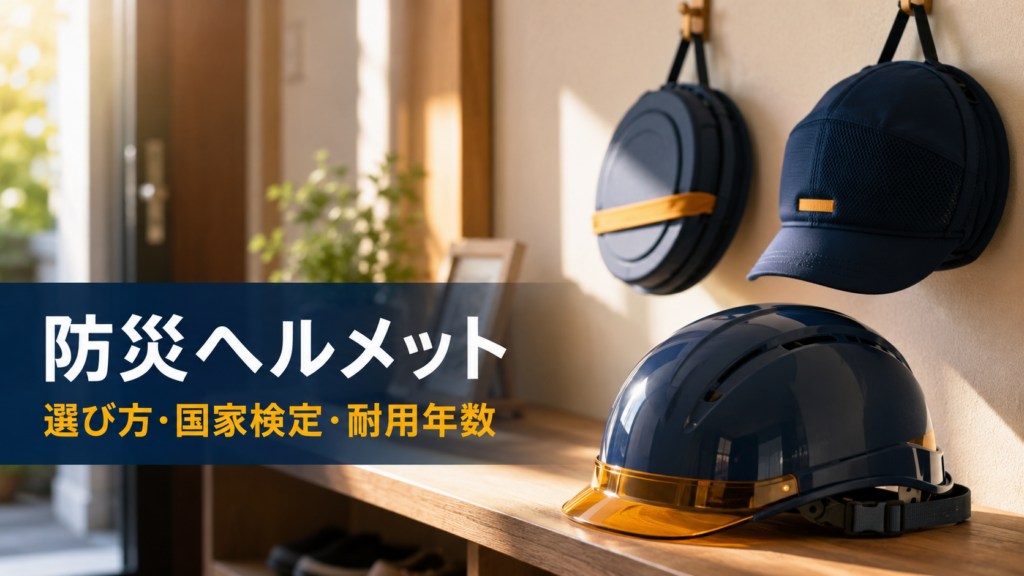 通常型・折りたたみ型・キャップ型の3種類の防災ヘルメットを玄関に並べて備えたイメージ