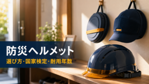 通常型・折りたたみ型・キャップ型の3種類の防災ヘルメットを玄関に並べて備えたイメージ