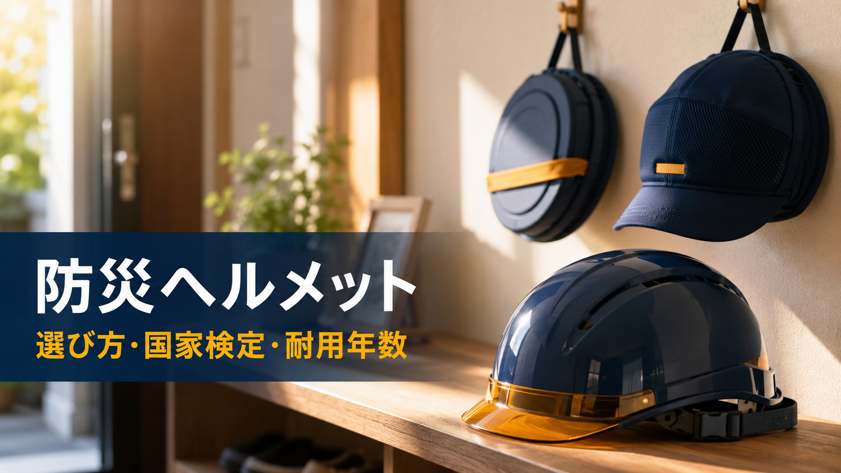 通常型・折りたたみ型・キャップ型の3種類の防災ヘルメットを玄関に並べて備えたイメージ