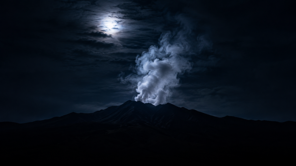 夜間に噴煙を上げる火山の遠景イメージ
