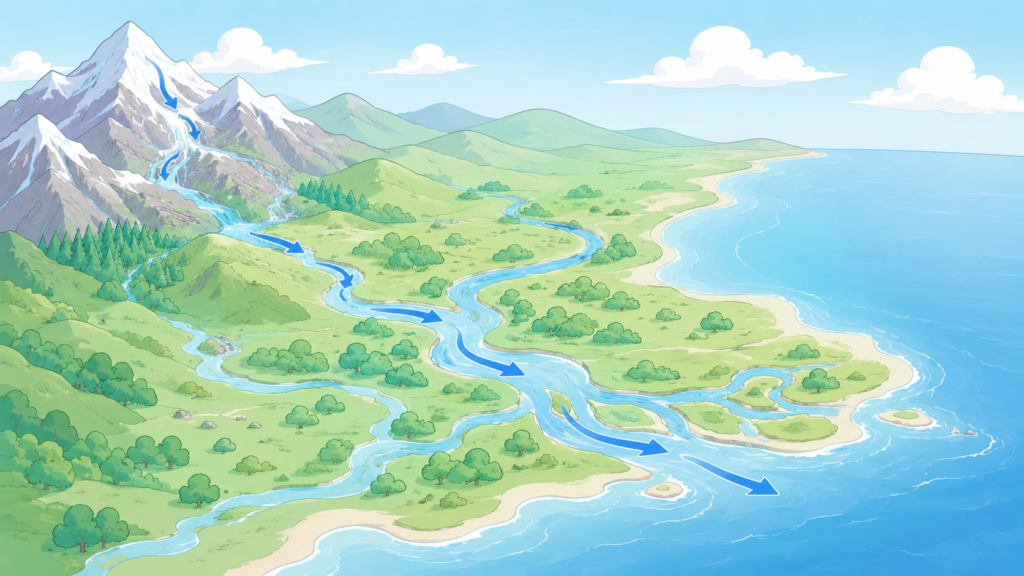 山から海へつながる地形を矢印で示した図解マップ