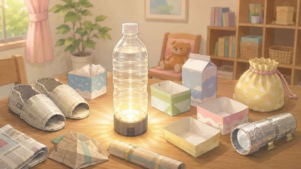 ペットボトルランタンなど手作り防災グッズのイラスト