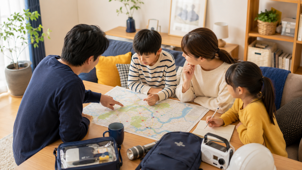 家族でハザードマップを見ながら避難場所と連絡手段を話し合うイメージ