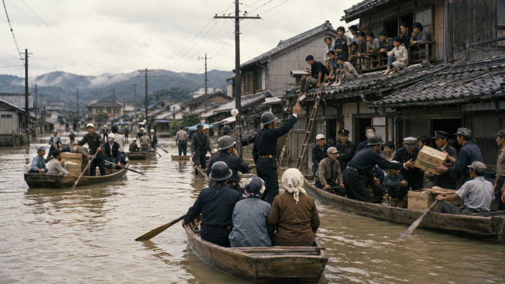 昭和28年西日本水害で地域住民や消防が救助活動を行う様子