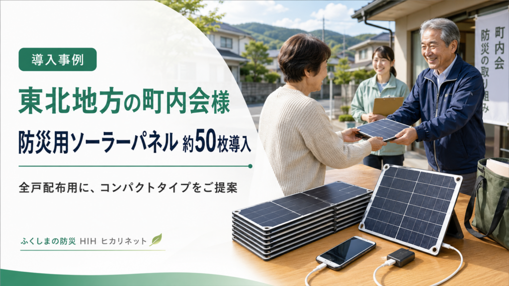 東北地方の町内会で全戸配布用の防災用ソーラーパネルを約50枚導入した事例のアイキャッチ画像