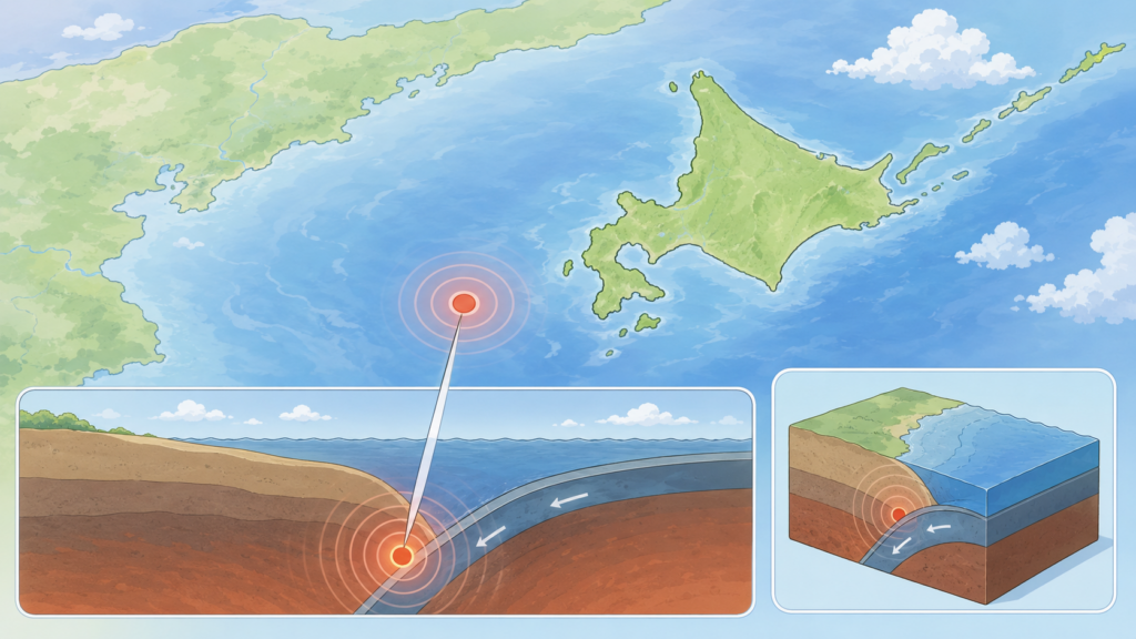 日本海と北海道の地図に震源を示した図解イラスト