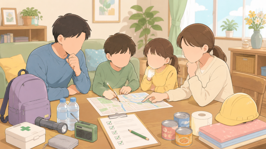チェックリストと温かい家庭の雰囲気で防災を見直すイラスト