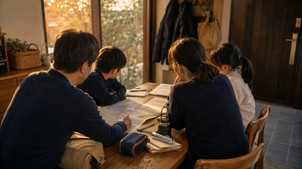 家族で避難経路と連絡方法を話し合う室内のイメージ