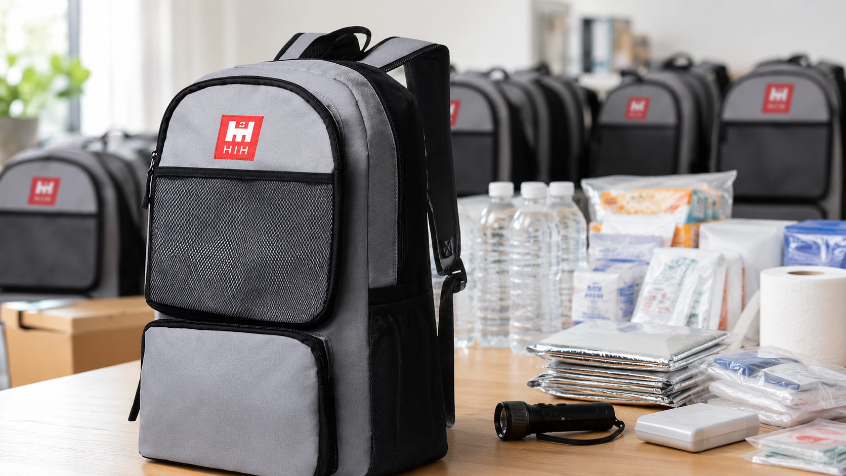 組合員向け配布用として導入されたHIHのカスタマイズ防災セット68セットと非常用備蓄品のイメージ