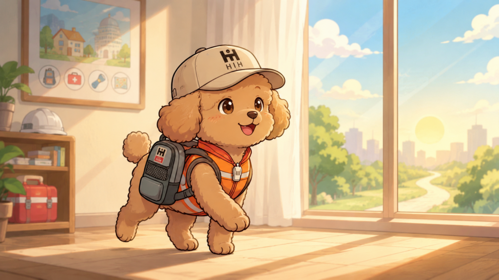 そなぷーが防災リュックを背負って一歩踏み出すイラスト