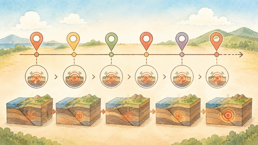 繰り返し起きた地震の記録を年表で表したイラスト