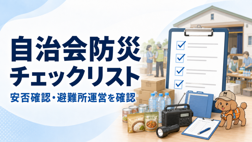 自治会防災チェックリストで安否確認と避難所運営を確認するバナー