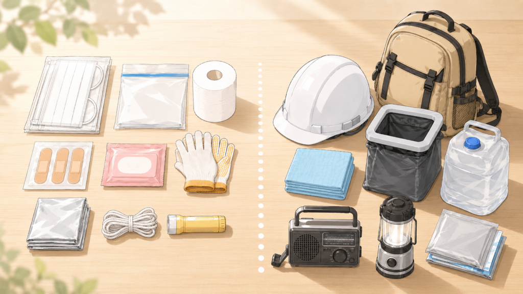 100均で揃う物と専門品が必要な物を分類したイラスト