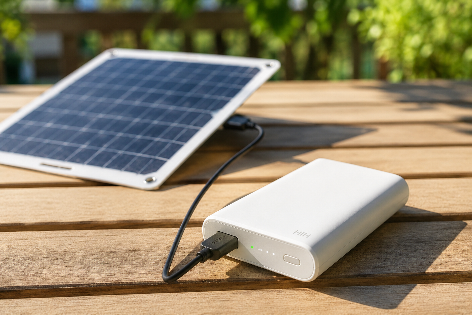 ソーラーパネルからモバイルバッテリーへ充電中