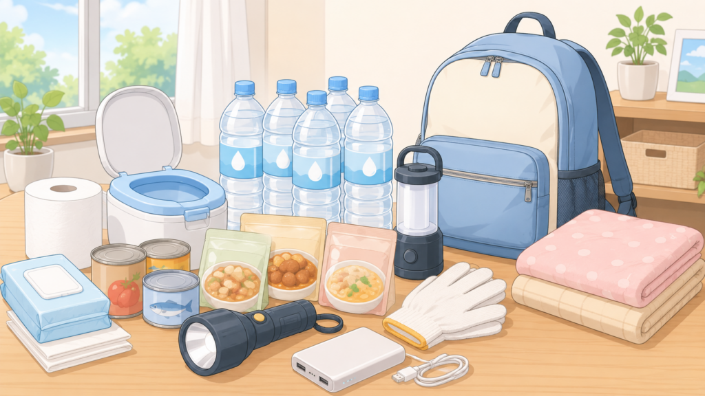 懐中電灯や水、保存食などの備蓄品を並べたイラスト