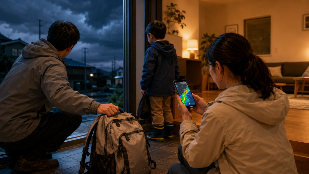 明るいうちにスマホで気象情報を確認し早めに避難準備をする家族のイメージ
