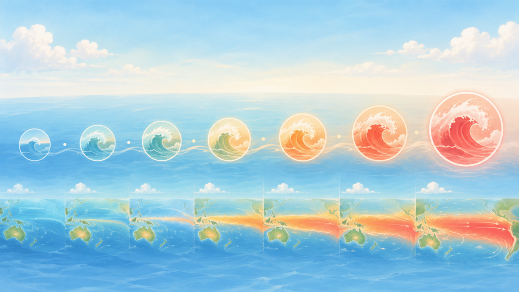 過去のスーパーエルニーニョの発生年を振り返るタイムラインのイラスト