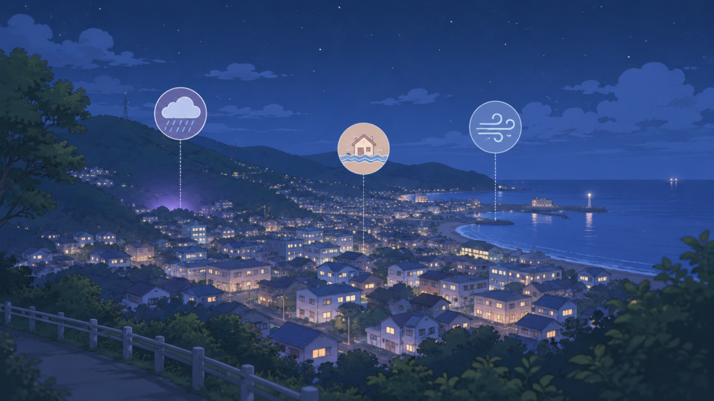 夜の海辺の町を穏やかに描いた防災学習用イラスト
